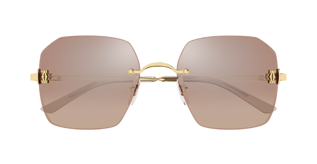 cartier 0591s 003 eckige, randlose sonnenbrille in gold mit braunen verspiegelten gläsern