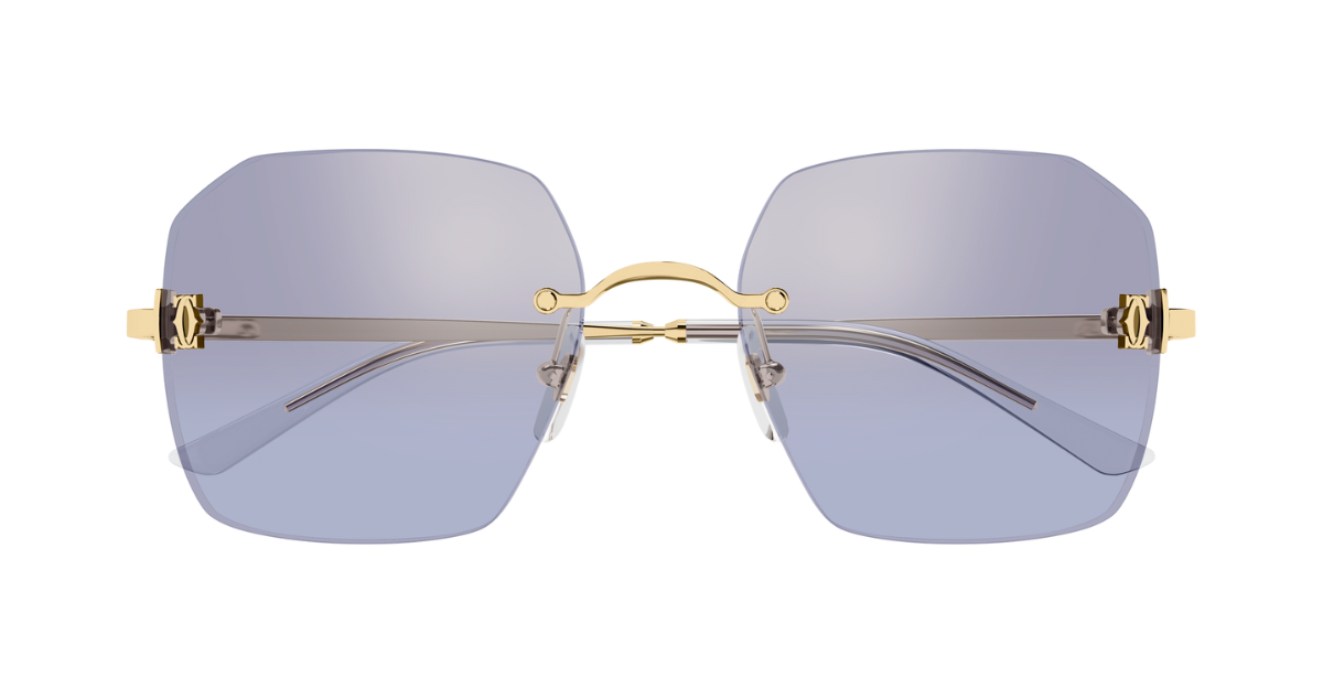 cartier 0591s 004 eckige randlose sonnenbrille in gold mit violetten gläsern