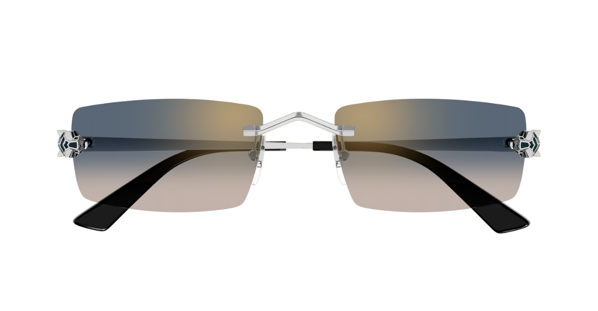 front cartier 0598s 002 eckige randlose sonnenbrille in silber mit grauen gläsern