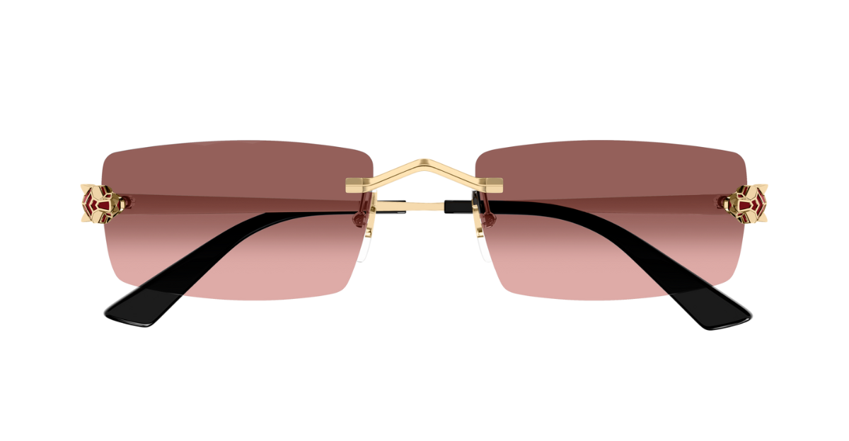cartier 0598s 004 eckige rahmenlose sonnenbrille in gold mit roten gläsern