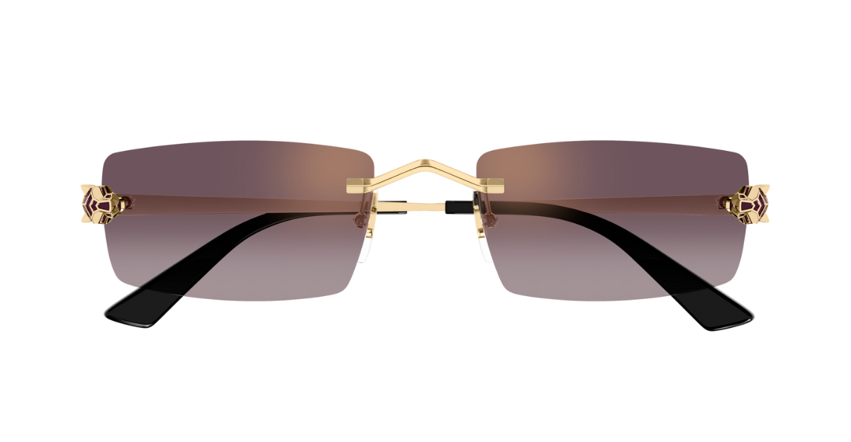 cartier 0598s 005 eckige rahmenlose sonnenbrille in gold mit violetten gläsern