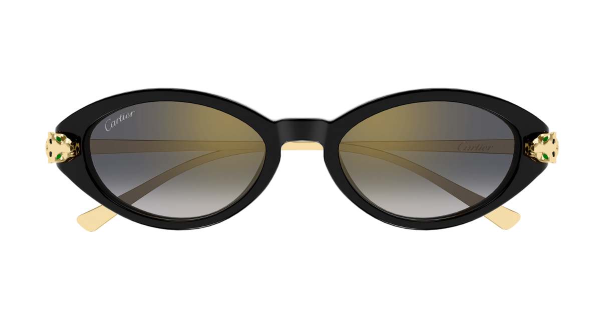 cartier ct0634s 001 ovale sonnenbrille in schwarz und gold mit grauen gläsern