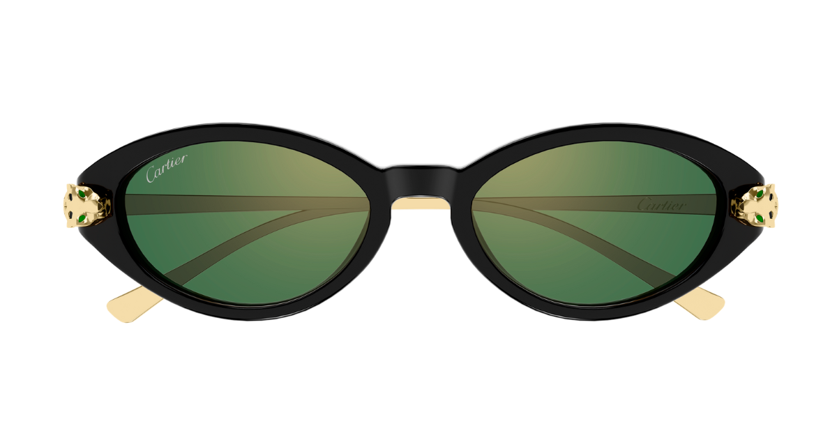 cartier ct0634s 004 ovale sonnenbrille in schwarz mit gold und grünen gläsern