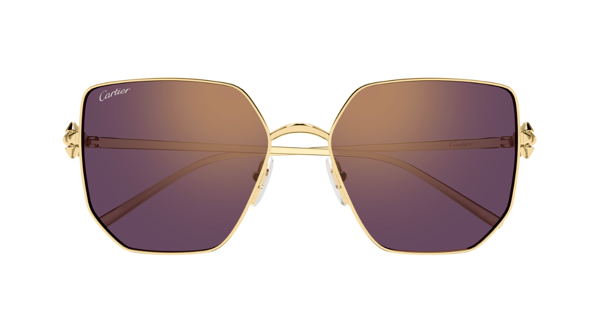 cartier CT0645S 002 eckige Sonnenbrille in gold mit violetten gläsern