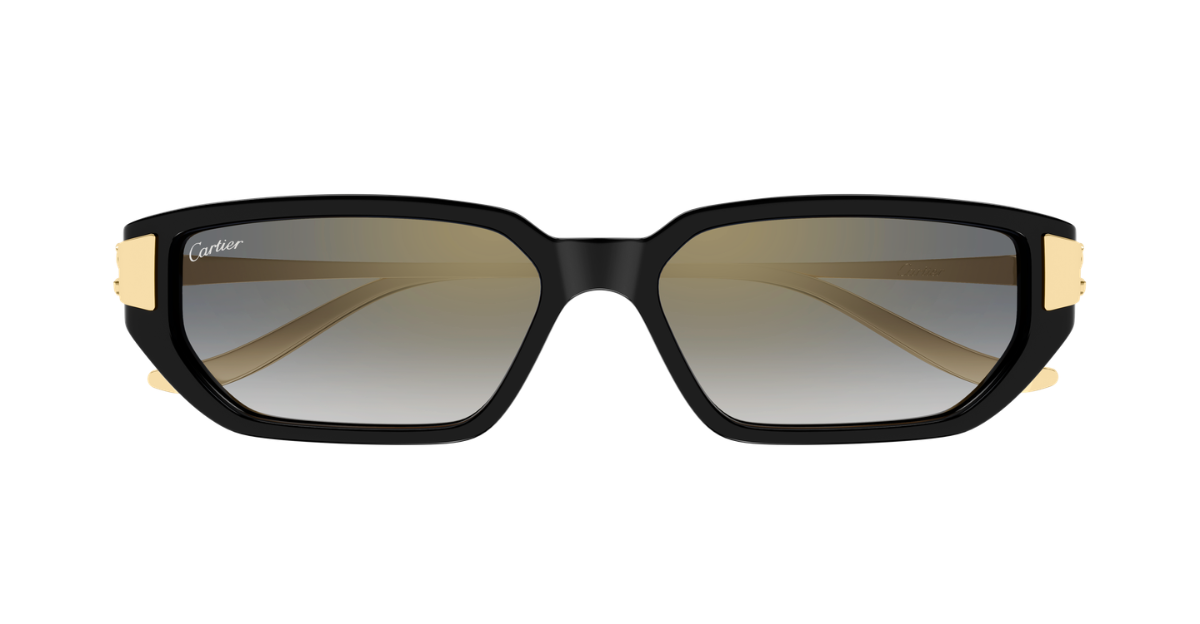cartier CT0674S 001 eckige sonnenbrille aus acetat und metal in schwarz und gold mit grauen gläsern