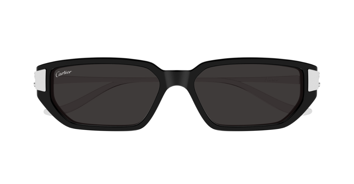 cartier Ct0674S 002 eckige sonnenbrille aus acetat und metal in schwarz und silber mit grauen gläsern