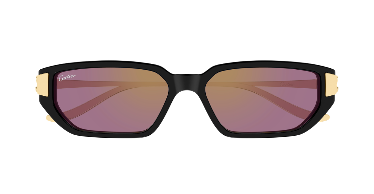 cartier CT0674S 004 eckige sonnenbrille aus acetat und metal in schwarz und gold mit violetten gläsern