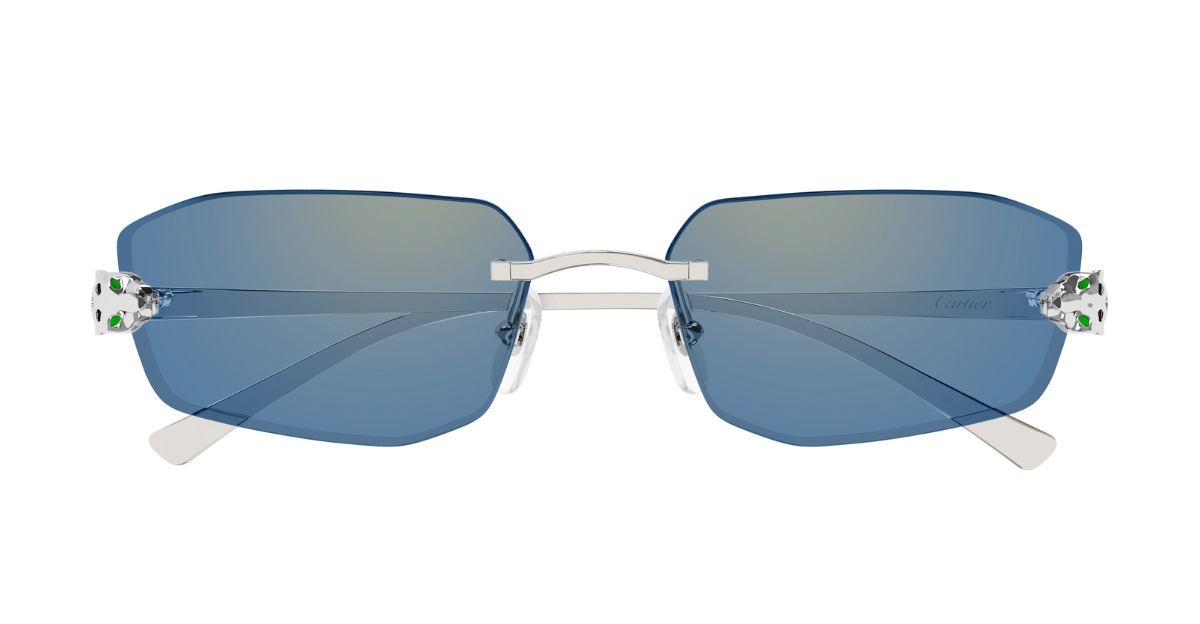cartier ct0474s 005 eckige randlose sonnenbrille in silber mit hellblauen gläsern