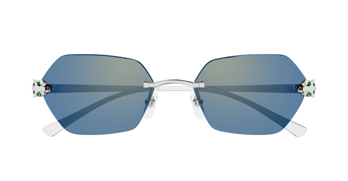 cartier ct0636s 004 eckige randlose sonnenbrille in silber mit hellblauen gläsern