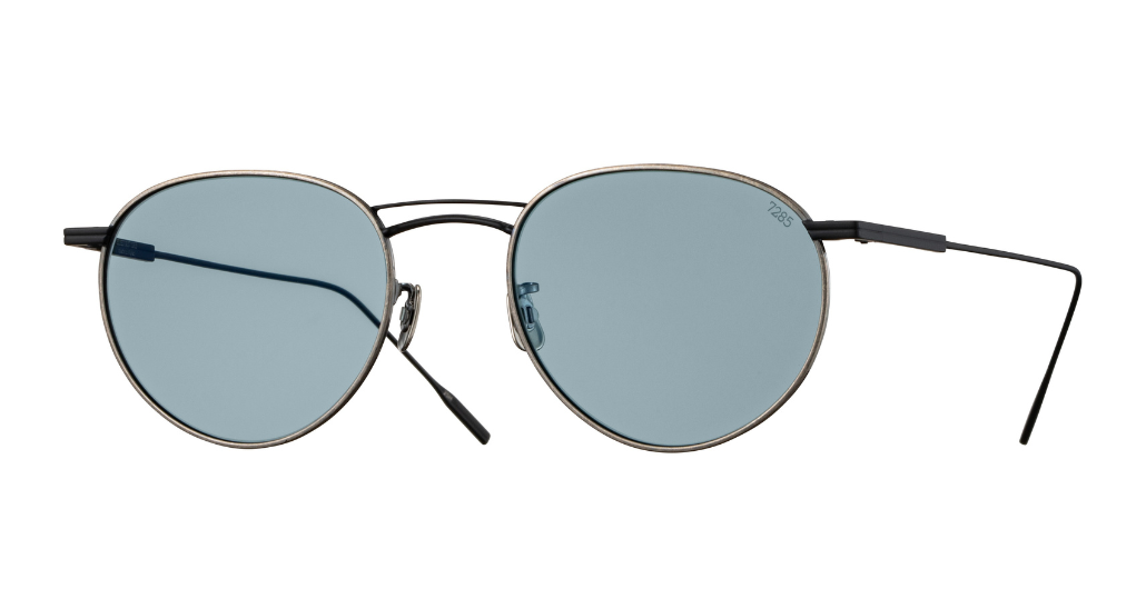 eyevan 1015 | 820805 pantoförmige sonnenbrille mit doppelsteg aus titan in silber und schwarz mit blauen gläsern