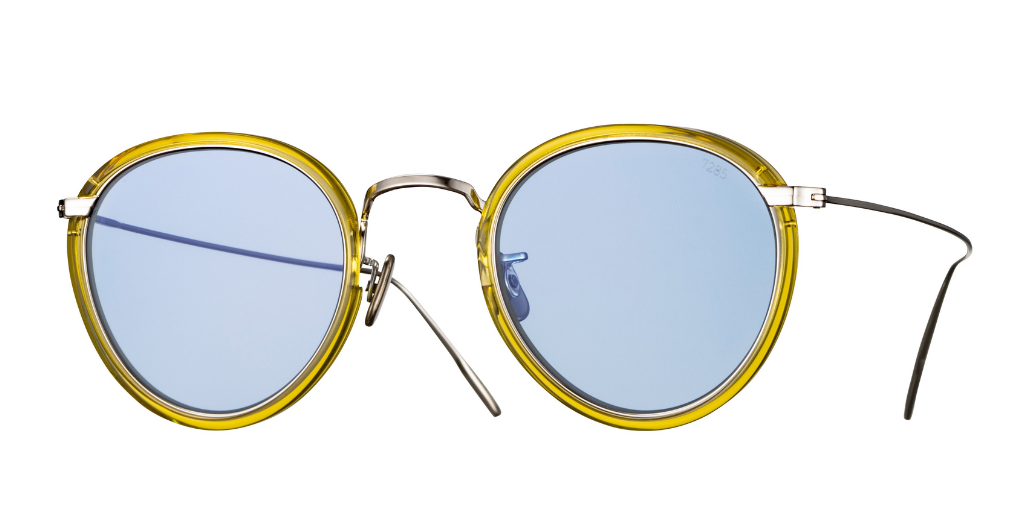 eyevan 717 E | 355800 pantoförmige sonnenbrille in gelb und silber mit blauen gläsern