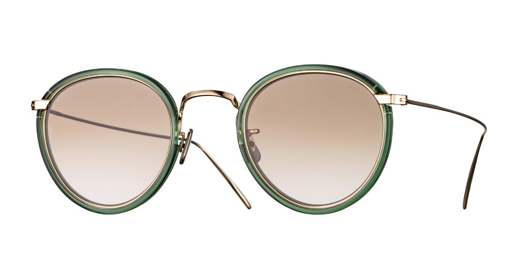 eyevan 717e 400902 pantoförmige sonnenbrille aus acetat und titan in grün und gold mit braunen verlaufsgläsern