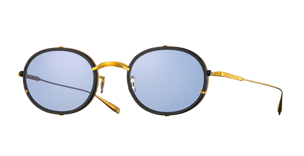 eyevan 804 924 ovale sonnenbrille in gold mit verschiedenen glaseinsätzen und blauen gläsern