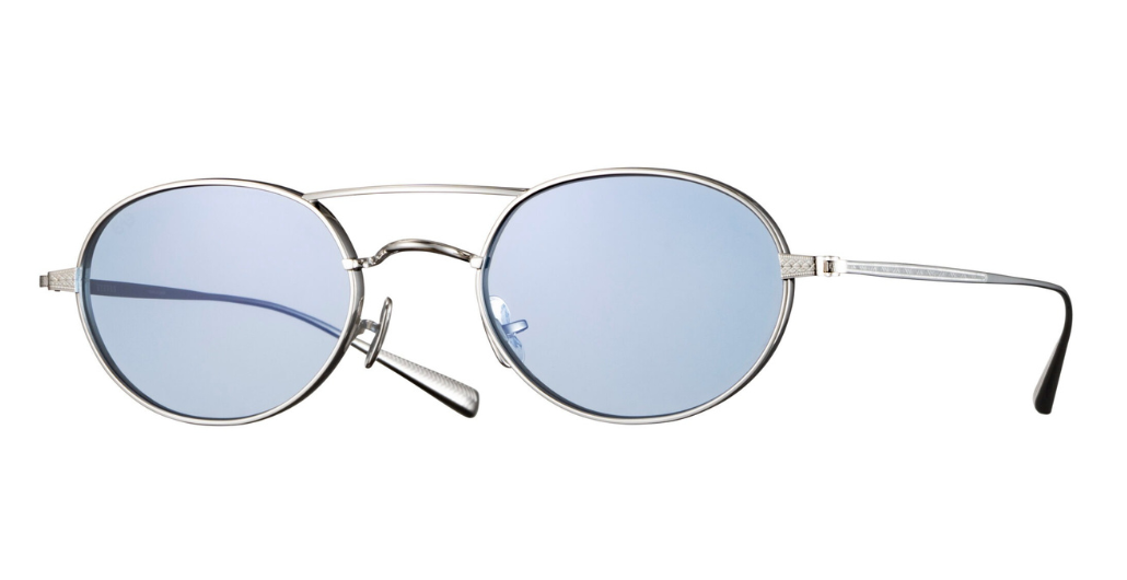 eyevan Eldridge | S ovale sonnenbrille mit doppelsteg aus titan in silber und blauen gläsern