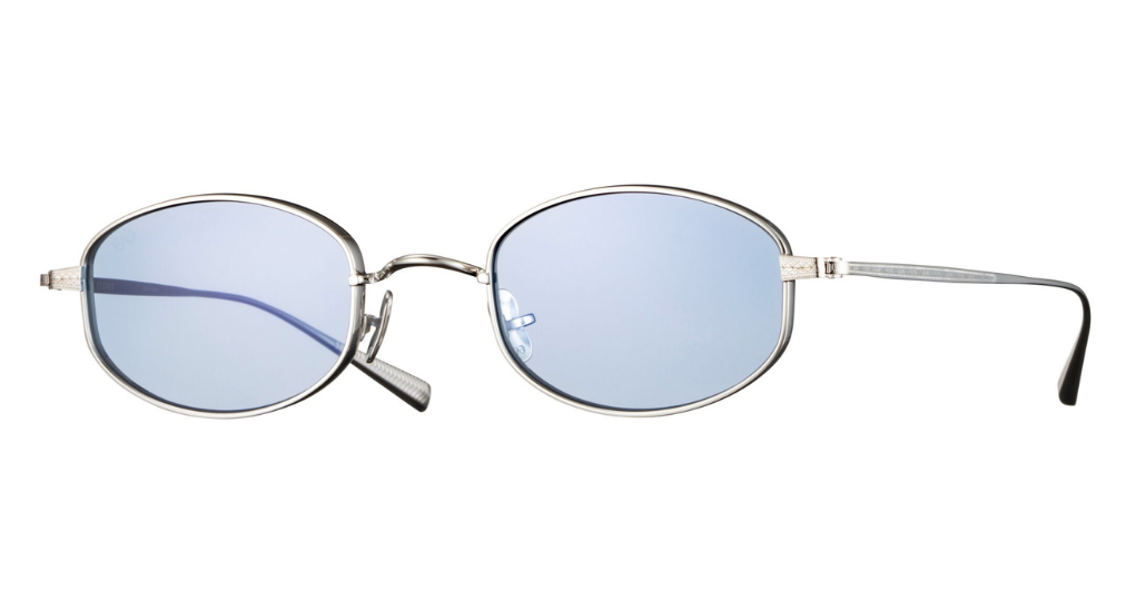 eyevan thompson S ovale sonnenbrille aus titan in silber mit blauen gläsern