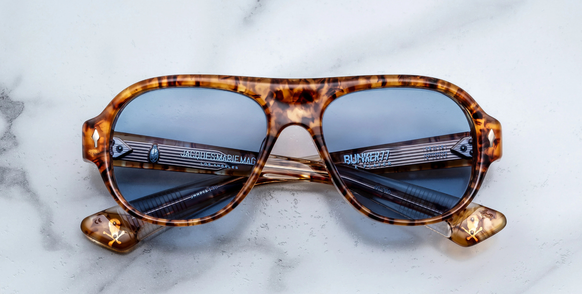 jacques marie mage the player bunker 77 cairo acetatsonnenbrille in havana mit blauen gläsern
