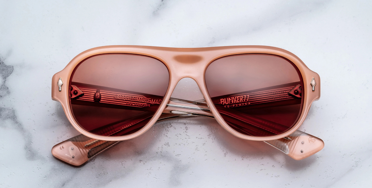 jacques marie mage the player bunker 77 salmon snob sonnenbrille aus acetat in lachsrosa mit rötlichen gläsern