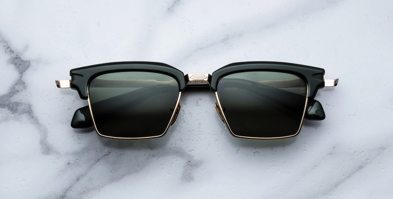 jacques marie mage alin viper eckige sonnenbrille in gold und schwarz mit grünen gläsern