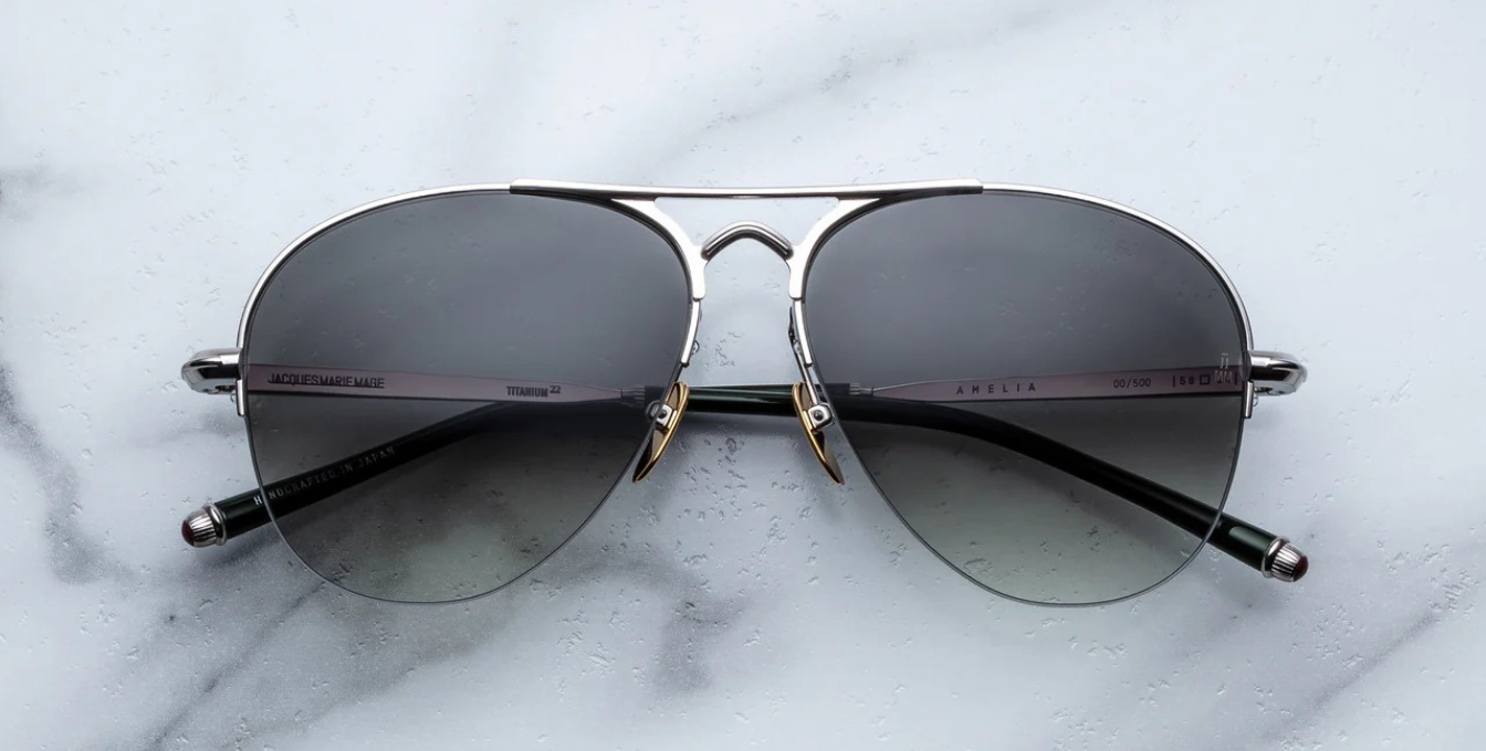 jacques marie mage amelia viper, pilotensonnenbrille in silber mit grünen verklaufsgläser