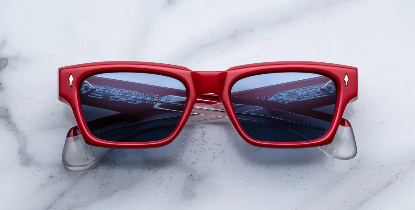 jacques marie mage ashcroft pirate eckige sonnenbrille in rot mit blauen gläsern