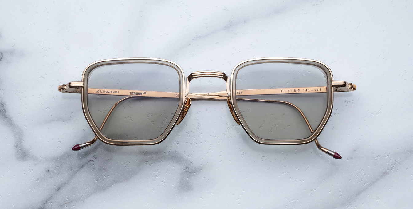 jacques marie mage atkins altan eckige goldene Sonnenbrille mit hellgrünen gläsern