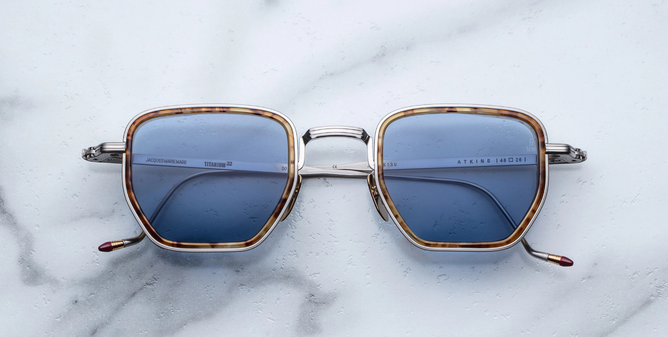 jacques marie mage atkins cairo eckige sonnenbrille in gold und havana mit blauen gläsern