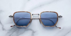jacques marie mage atkins cairo eckige sonnenbrille in gold und havana mit blauen gläsern