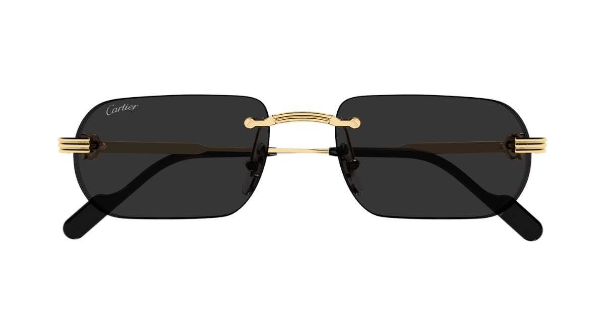 cartier 0577s 001 eckige, randlose sonnenbrille in gold mit grauen gläsern