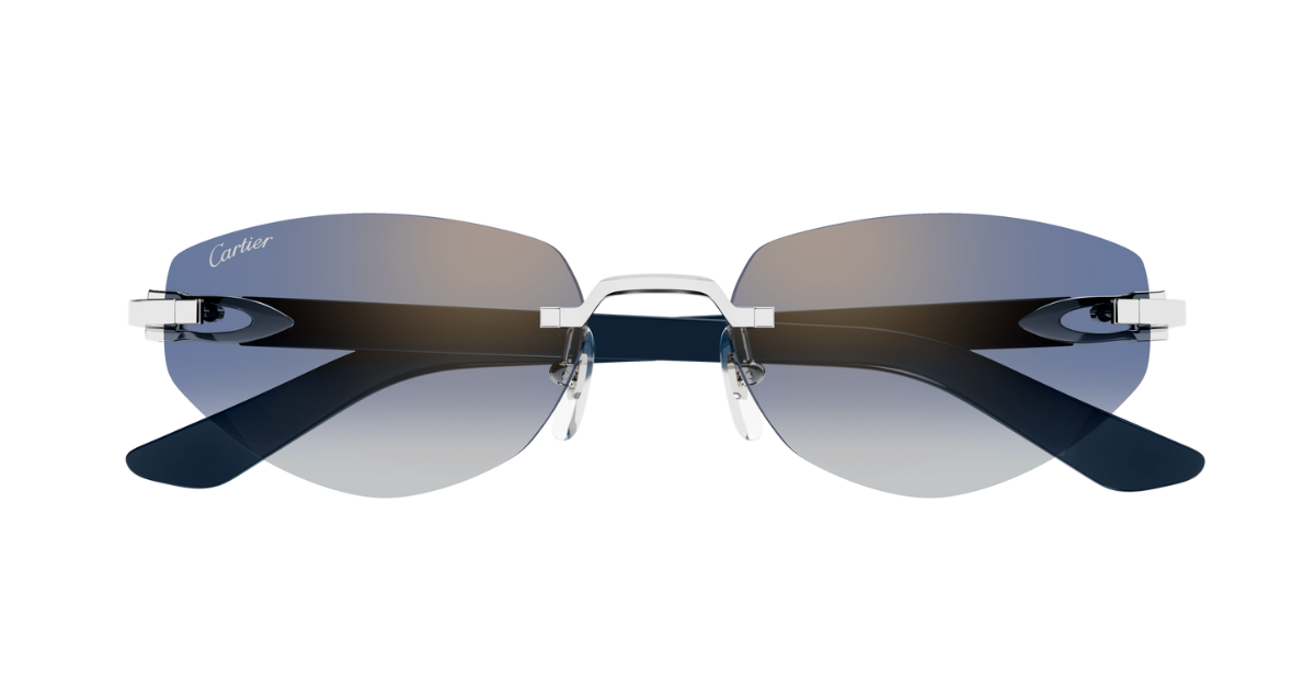 cartier 0580s 004 randlose sonnenbrille in silber und blau mit blauen gläsern