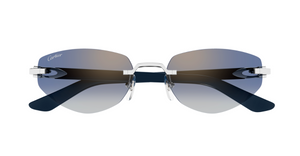 cartier 0580s 004 randlose sonnenbrille in silber und blau mit blauen gläsern