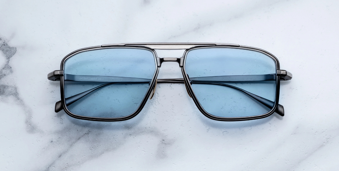 jacques marie mage earl antique silver eckige aviator sonnenbrille in gunmetal und silber mit blauen gläsern