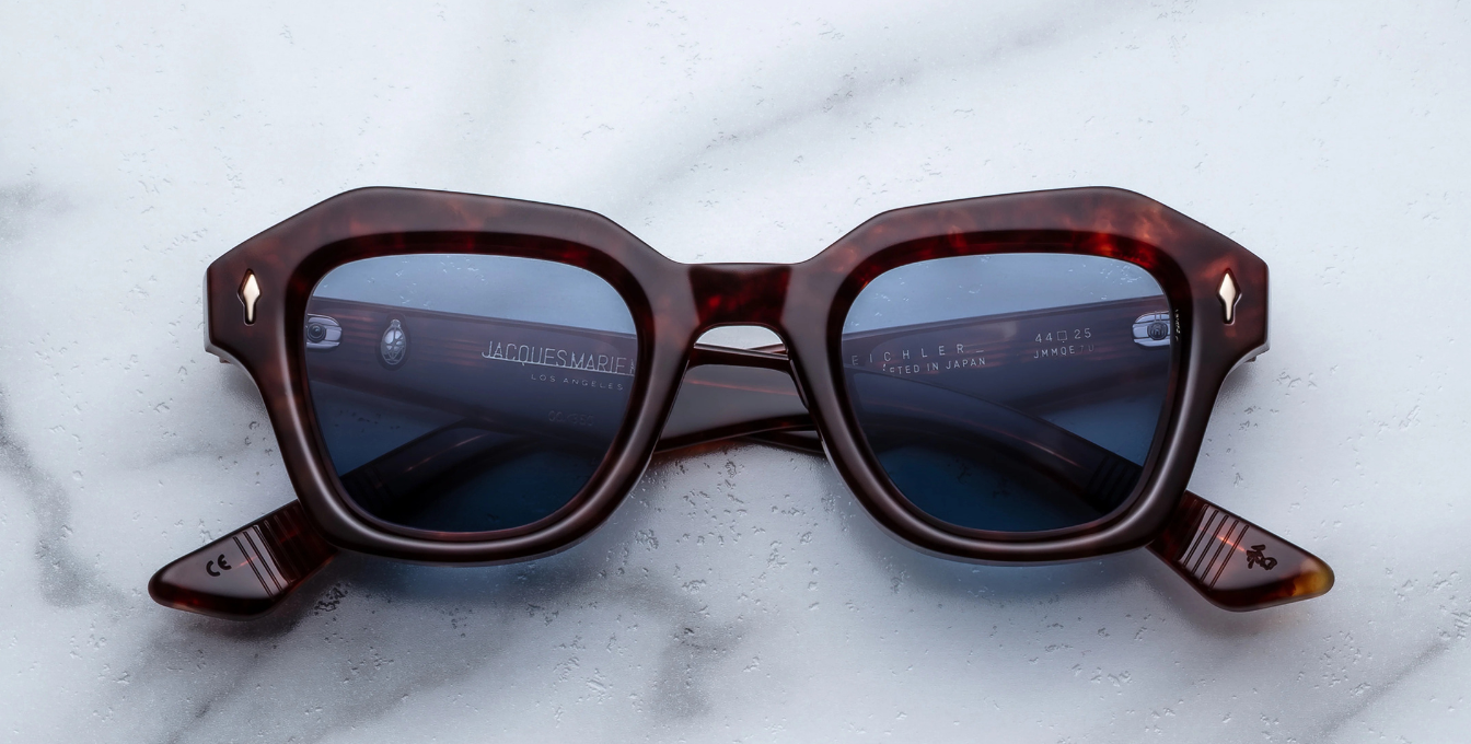 jacques marie mage eichler breccia eckige sonnenbrille in havana mit blauen gläsern
