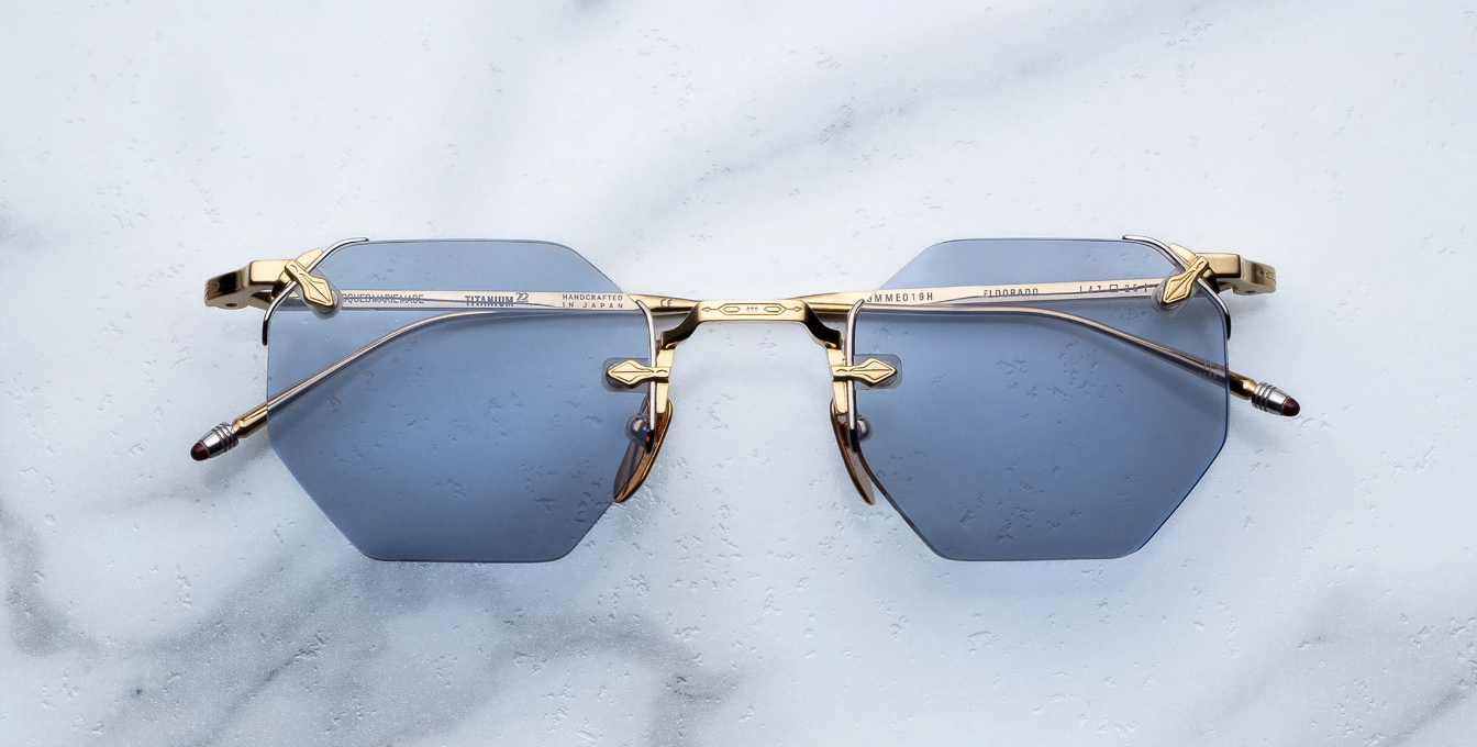 jacques marie mage el dorado ciel achteckige randlose sonnenbrille in gold mit blauen gläsern