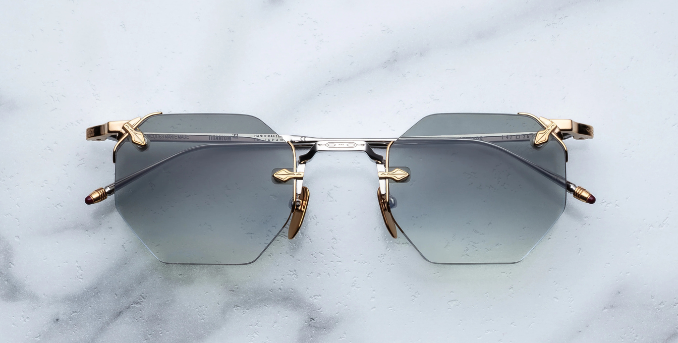 jacques marie mage eldorado electrum achteckige randlose sonnenbrille in silber und gold mit blauen gläsern