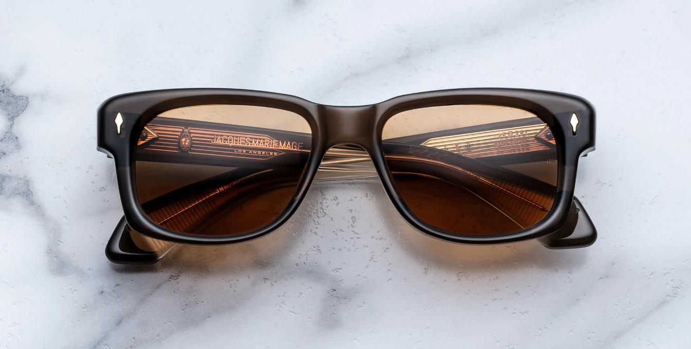 jacques marie mage fly london eckige sonnenbrille in braun mit orangenen gläsern