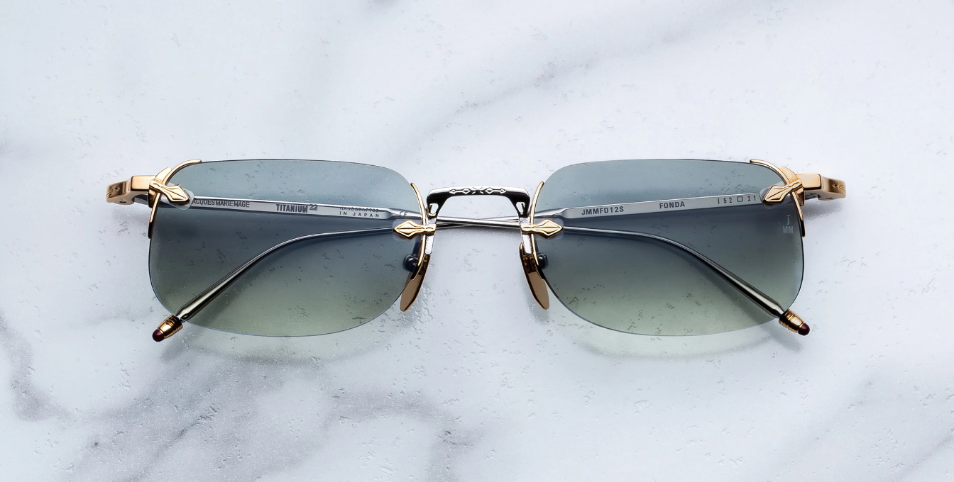 jacques marie mage fonda electrum eckige randlose sonnenbrille aus titan in silber und gold mit grünen verlaufsgläser