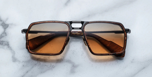 jacques marie mage gt-r boa eckige sonnenbrille in schwarz und braun mit braunen gläsern