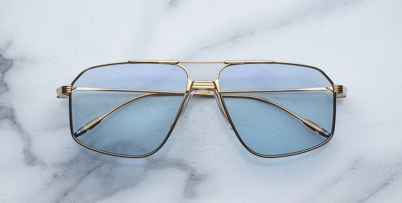 jacques marie mage jagger ciel aviotor sonnenbrille in gold mit blauen verluafsgläsern