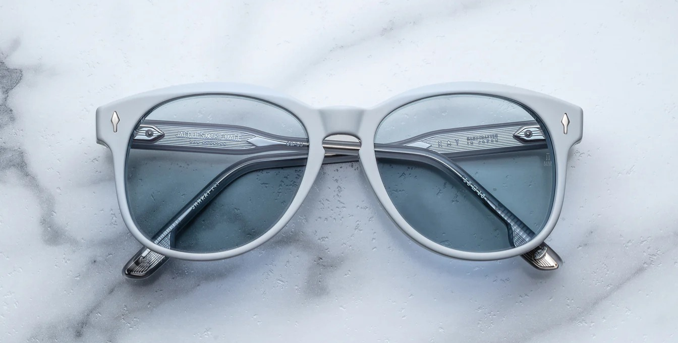 jacques marie mage kay sky suede  blaue aviator sonnenbrille aus acetat mit blauen gläsern