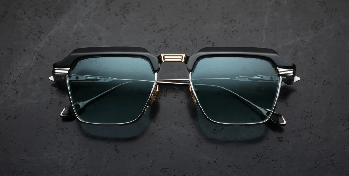 jacques marie mage last frontier worland hades eckige sonnenbrille in schwarz, silbe rund gold mit blauen gläsern
