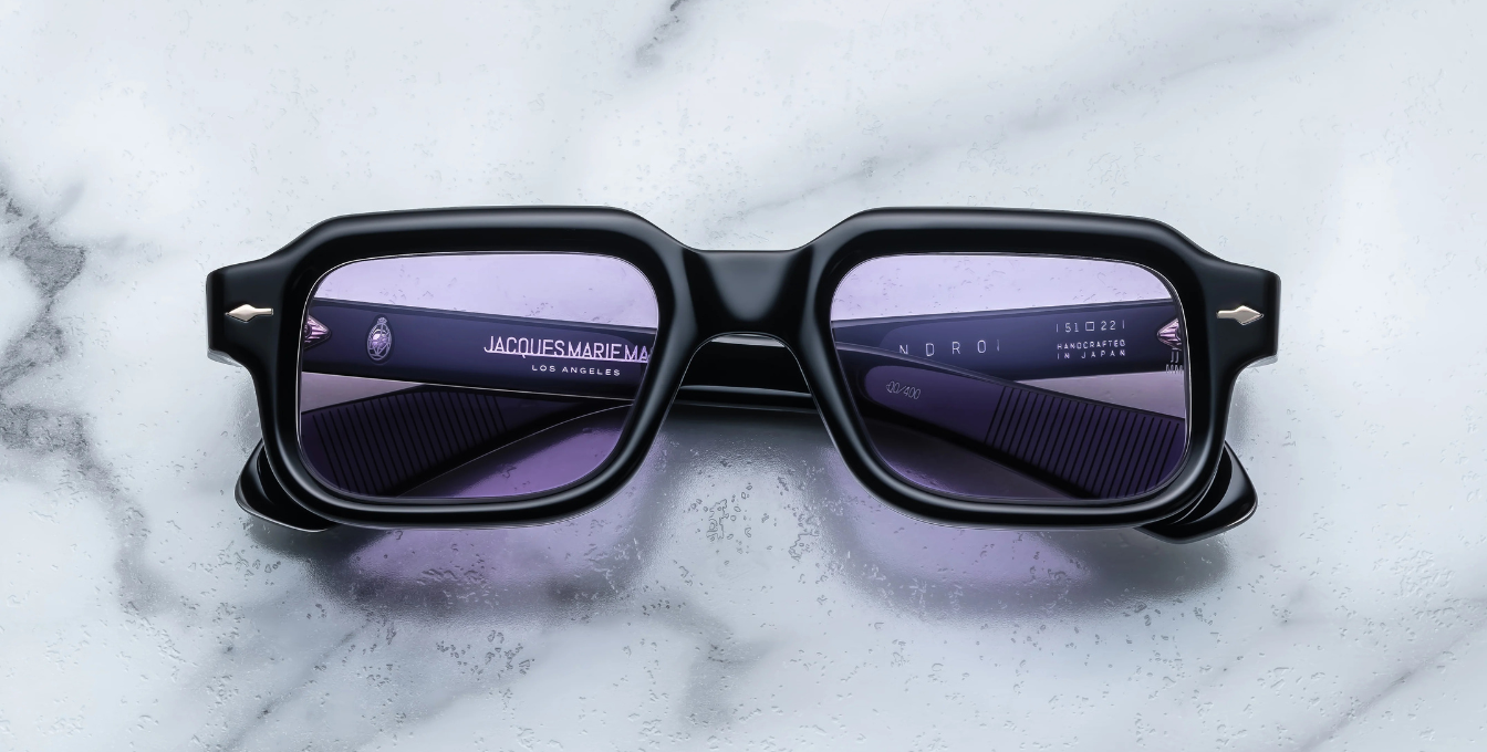 jacques marie mage sandro maverick eckige sonnenbrille in schwarz und transparent mit violetten gläsern
