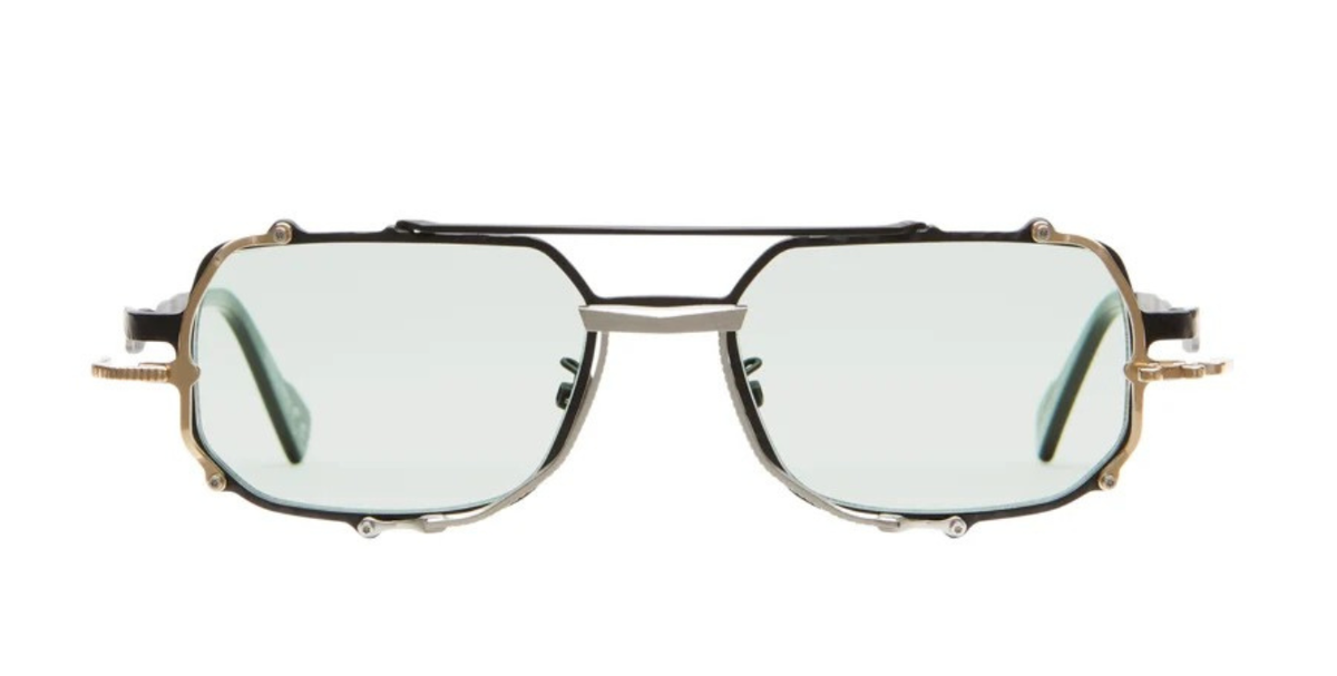 kuboraum Z71 BSG eckige sonnenbrille in chwarz, gold und silber mit hellgrünen gläsern