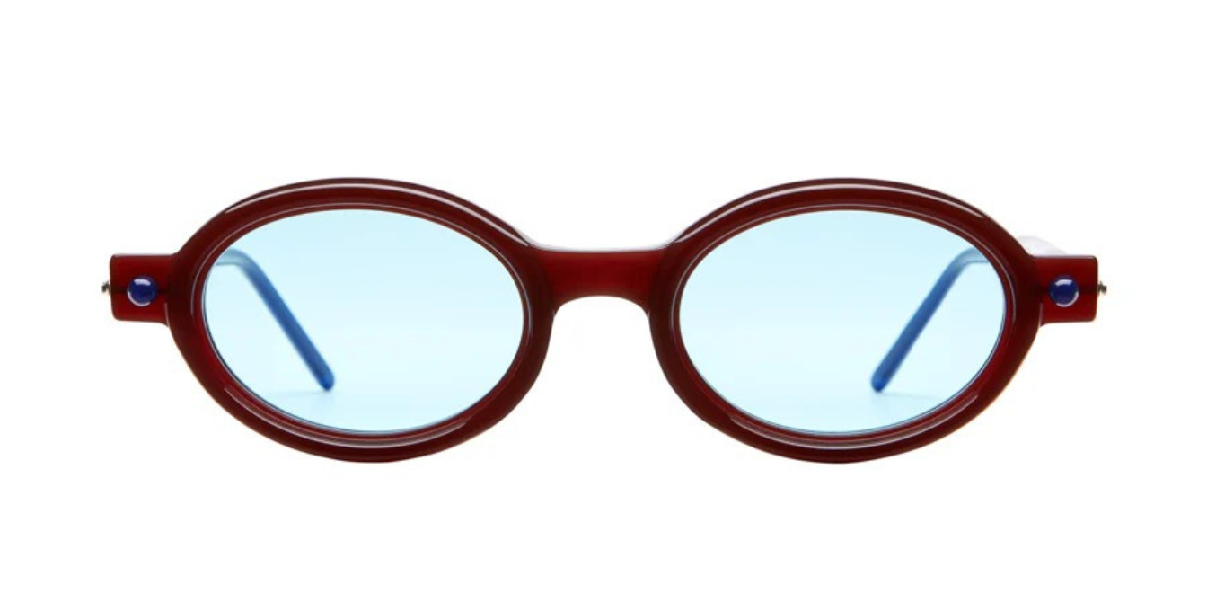 kuboraum p6 mh ovale sonnenbrille in mahagoni mit hellblauen gläsern