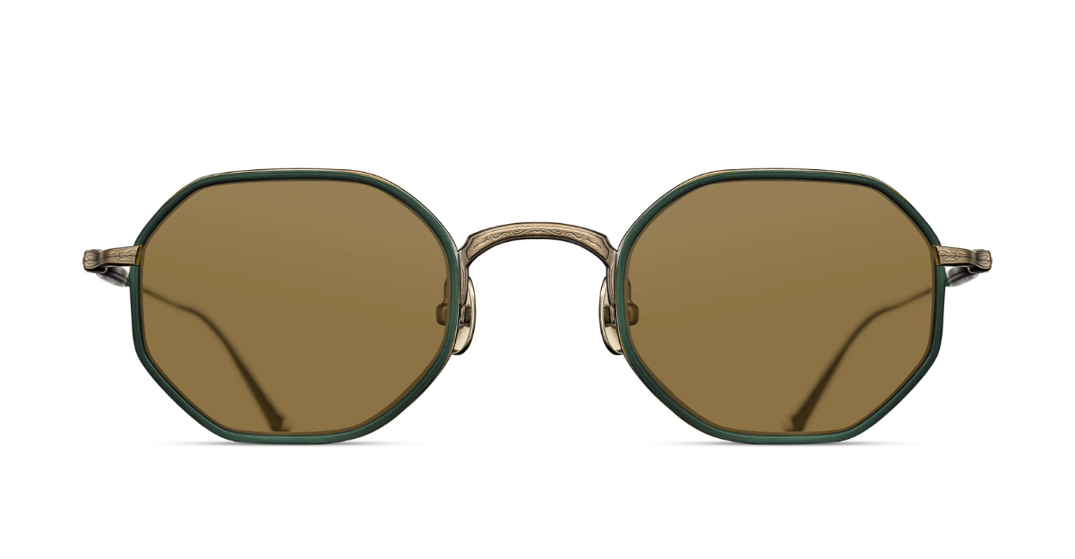 matsuda M3086-I AntiqueGold-BottleGreen eckige sonnenbrille aus titan und acetat in gold und grün mit braunen gläsern