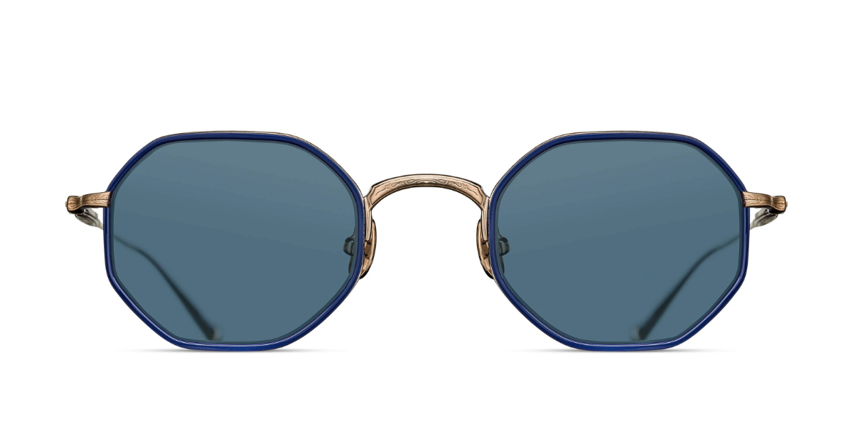 matsuda M3086-I brushed gold navy eckige sonnenbrille aus titan und acetat in gold und blau mit blauen gläsern