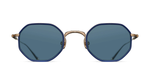 matsuda M3086-I brushed gold navy eckige sonnenbrille aus titan und acetat in gold und blau mit blauen gläsern
