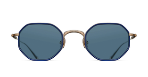 matsuda M3086-I brushed gold navy eckige sonnenbrille aus titan und acetat in gold und blau mit blauen gläsern