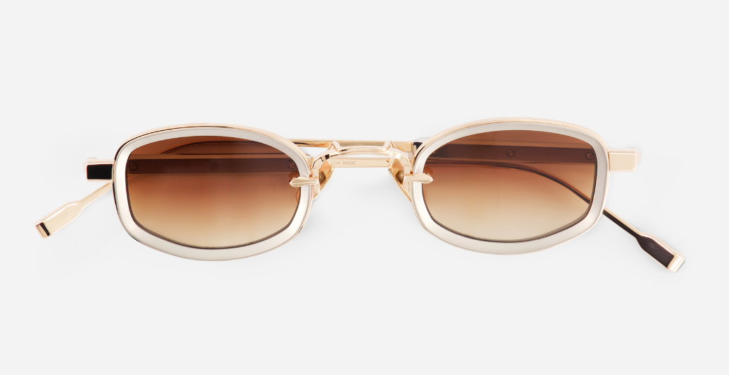 sato aquila rg/p-1 eckige sonnenbrille aus titan in rose gold und platinum mit braunen verlaufsgläsern