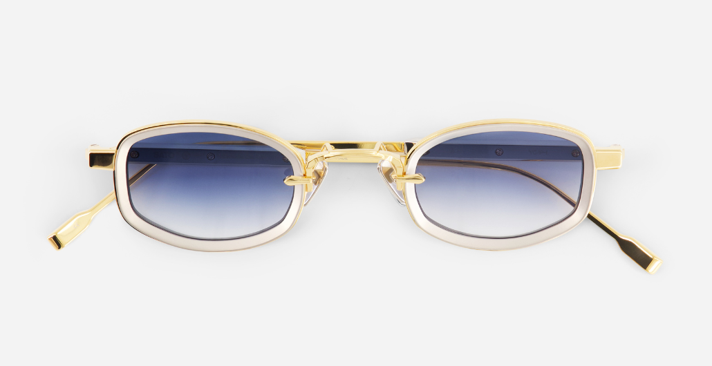 sato aquila yg/p-1 eckige sonnenbrille aus titan in gelbgold und platinum mit blauen verlaufsgläsern