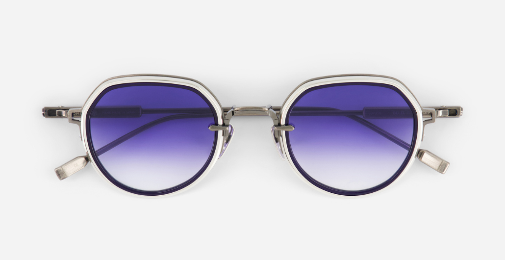 sato Belell II AS/P-1 pantoförmige sonnenbrille aus titan in silber mit blauen verlaufsgläser
